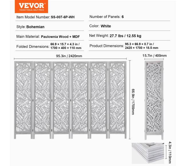 Medinė kambario pertvara su 6 panelėmis6