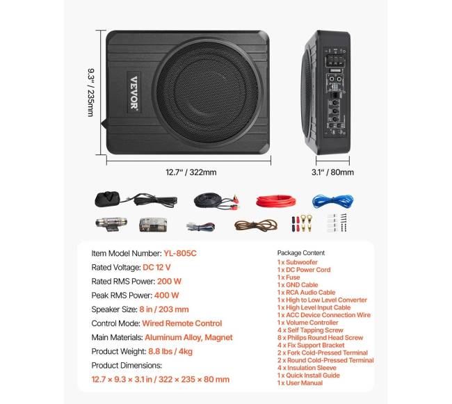 8 colių 400W po sėdyne automobilio žemų dažnių garsiakalbis6