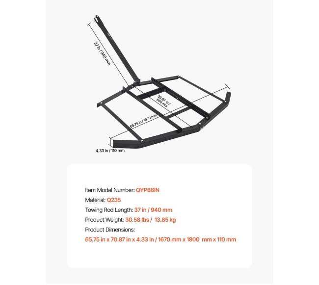 66 colių pločio tempiama akėčių plieninė grėblė6