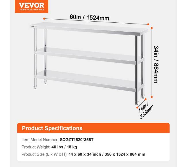Nerūdijančiojo plieno maisto ruošimo stalas 35x152 cm6
