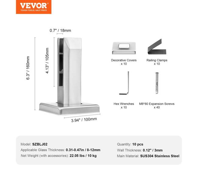 Stiklo laikiklis 10 vnt aikštinis 8-12mm stiklas sidabrinis6