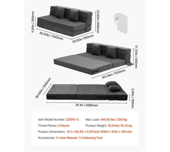 Sulankstoma sofa-lova 3-in-1 su pagalvėmis pilka6