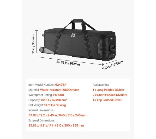 Studijos įrangos vežimėlio krepšys 91 x 30 x 35,5 cm6