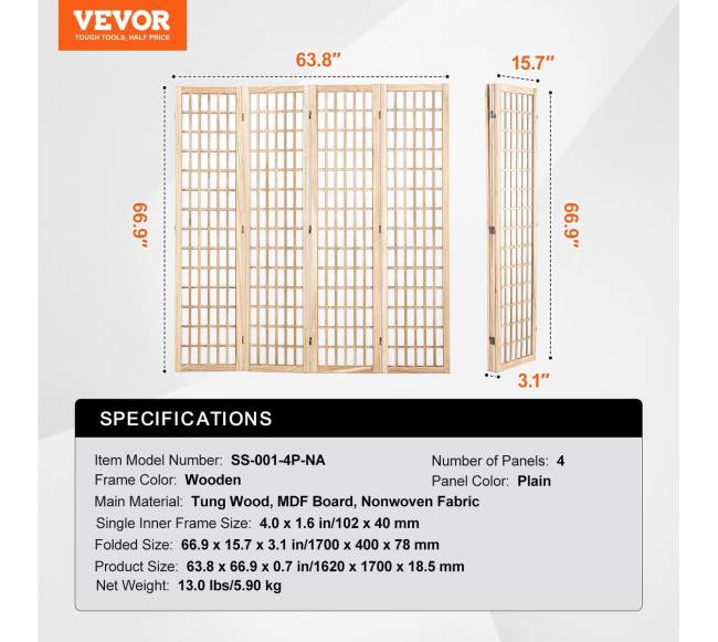 Japoniška kambario pertvara 4 dalių skiriamasis ekranas (natūralus)6
