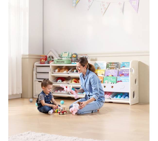 4 lygių žaislų lentyna su knygų lentyna7