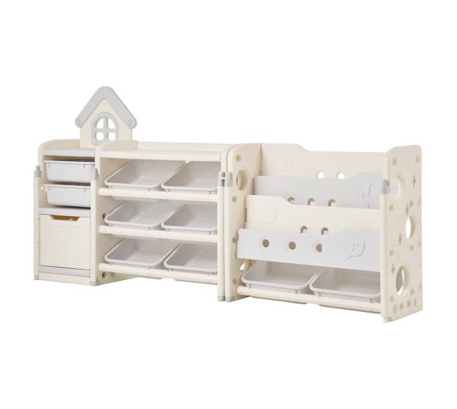 4 lygių žaislų lentyna su knygų lentyna8