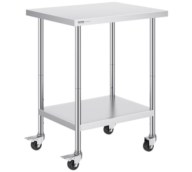 Nerūdijančiojo plieno darbo stalas su ratukais0