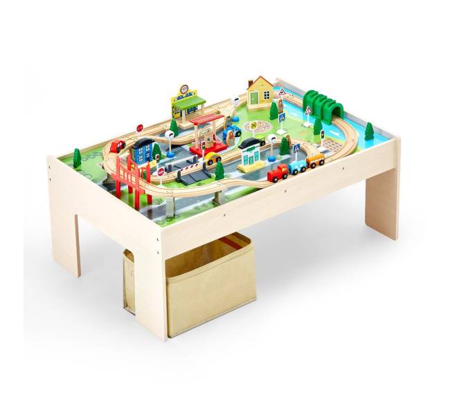 Medinis vaikų žaidimų stalas su traukinio trasa0