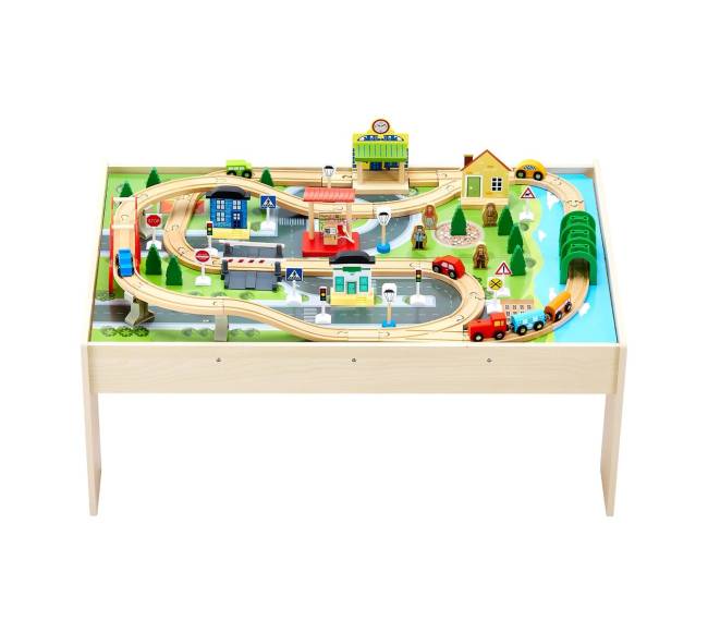 Medinis vaikų žaidimų stalas su traukinio trasa10