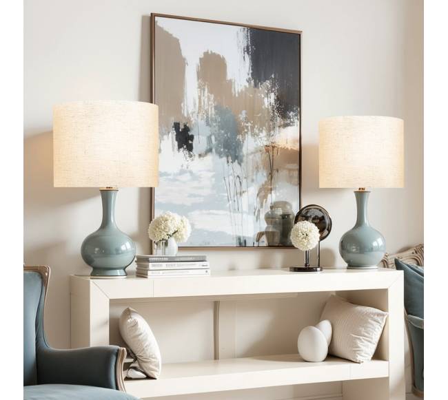 Būgninis lempos gaubtas su harpomis (šviesus linas)7