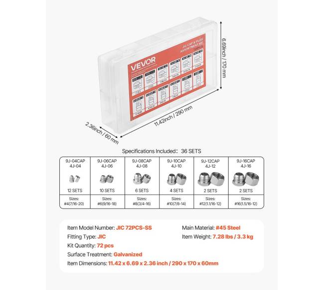 72 vnt. hidraulinės JIC žarnos dangteliai ir kištukai6