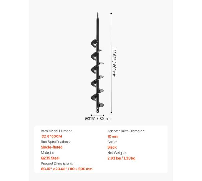 Sraigtinis grąžtas žemei, 8 x 60 cm6