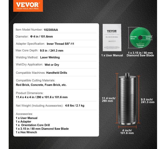 Deimantinė šerdies grąžtas, 4" šlapiassausasis6