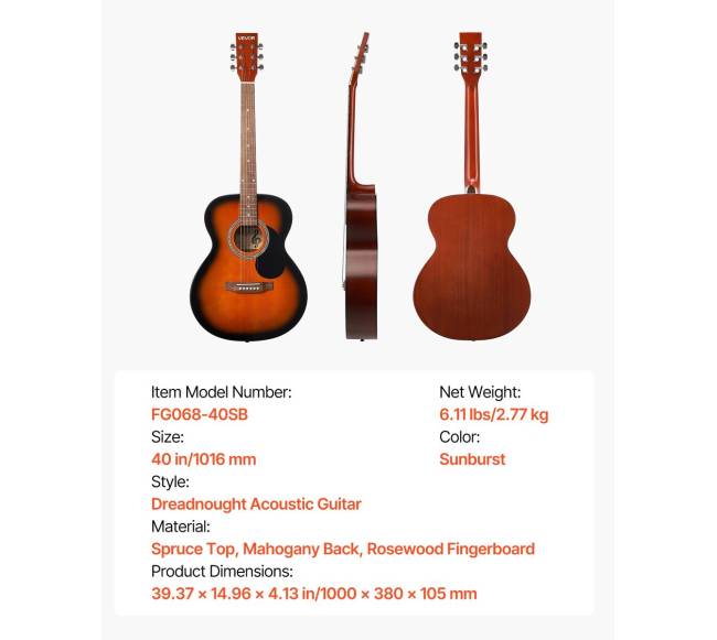 Drednoto akustinė gitara su priedais, 40 cm6