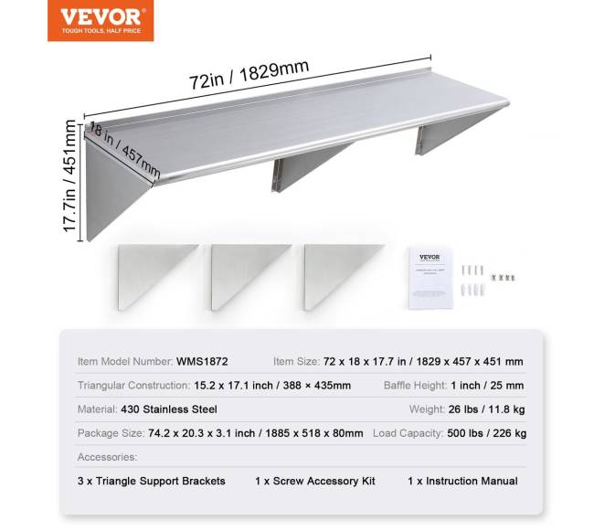72 x 18 cm nerūdijančio plieno sieninė lentyna6