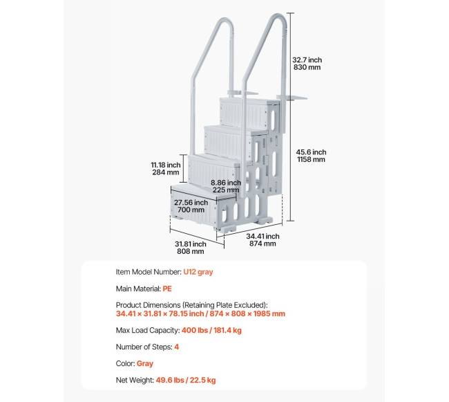 4 pakopų pilka kopėčių sistema baseinui6