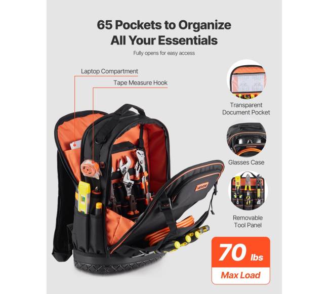 Įrankių kuprinė su 65 kišenėmis ir įrankiais1