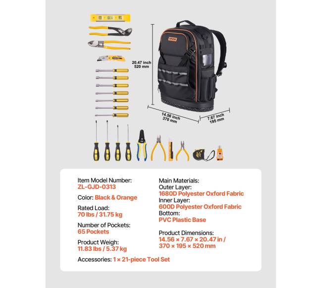 Įrankių kuprinė su 65 kišenėmis ir įrankiais6