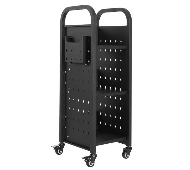 3 lygių knygų vežimėlis su L formos lentynomis0