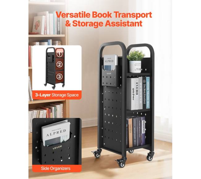 3 lygių knygų vežimėlis su L formos lentynomis1