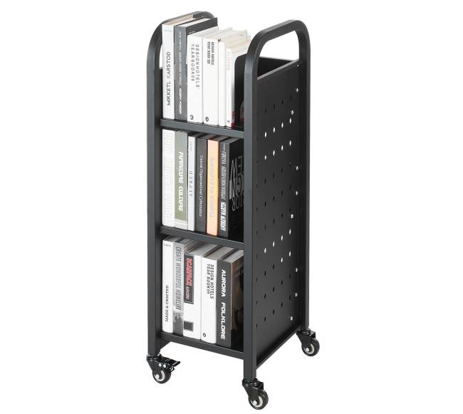 3 lygių knygų vežimėlis su L formos lentynomis8