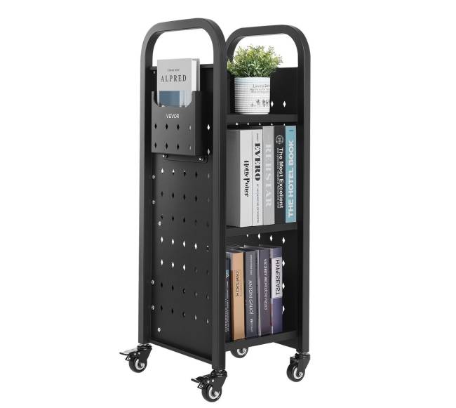 3 lygių knygų vežimėlis su L formos lentynomis9