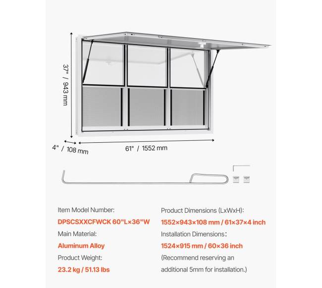 152x92 cm kiosko langas su stogeliu maisto furgonui6
