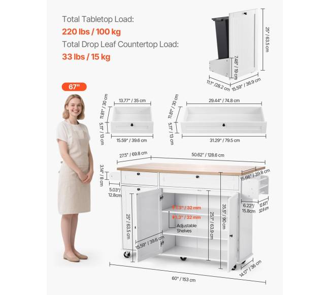 153 cm virtuvinis stalas su ratukais ir stalčiumi4