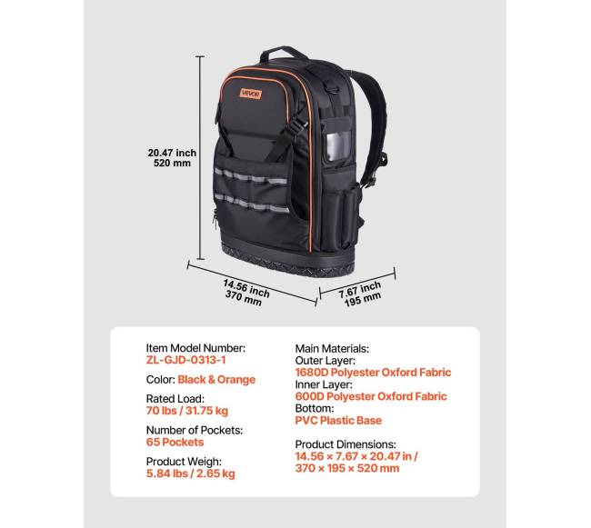 Įrankių kuprinė su 65 kišenėmis elektriko darbams6