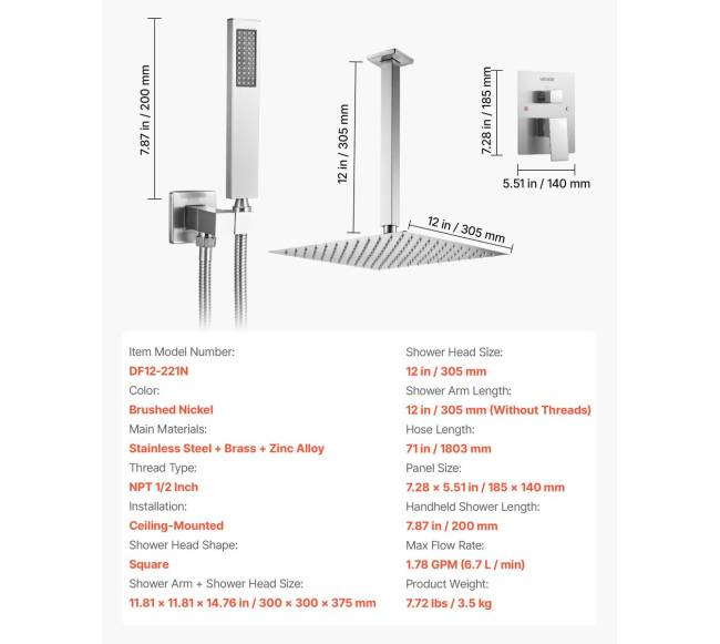Kvadratinis 30 cm lietaus dušo komplektas su rankiniu dušu6