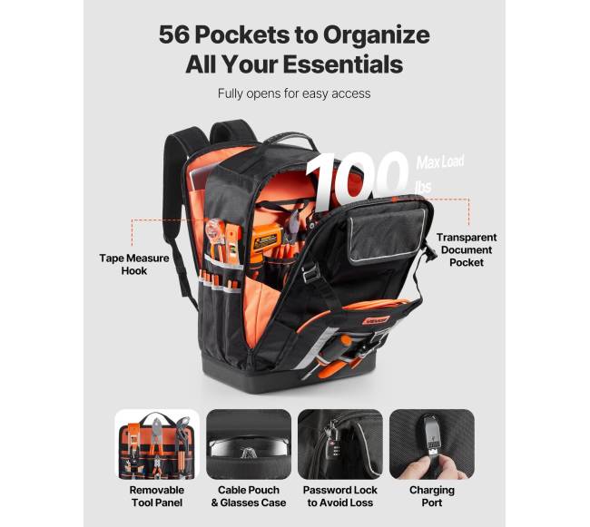 Įrankių kuprinė su 56 kišenėmis elektriko darbui1