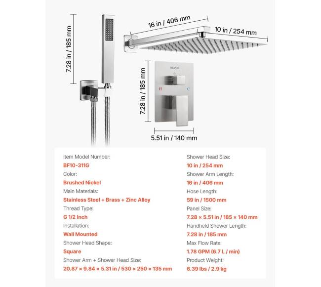 Kvadratinis dušo komplektas su lietaus galva 10"6