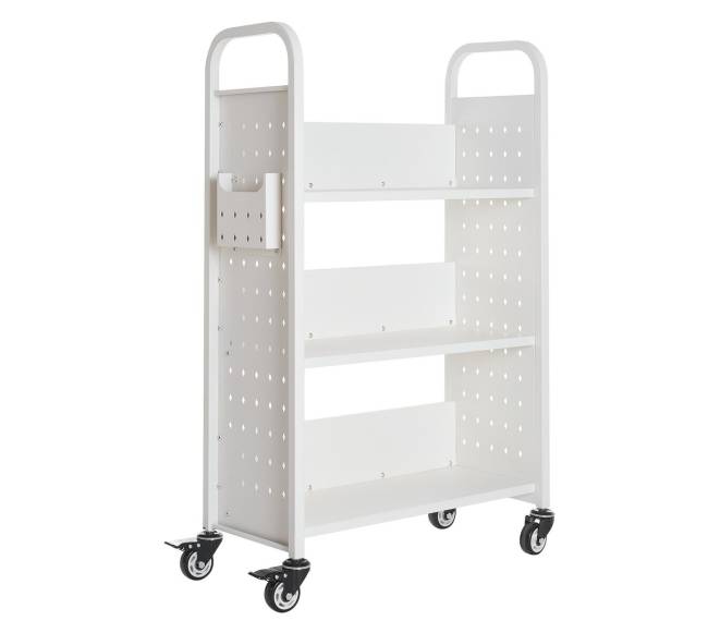 Vienpusė knygų vežimėlis su L formos lentynomis0