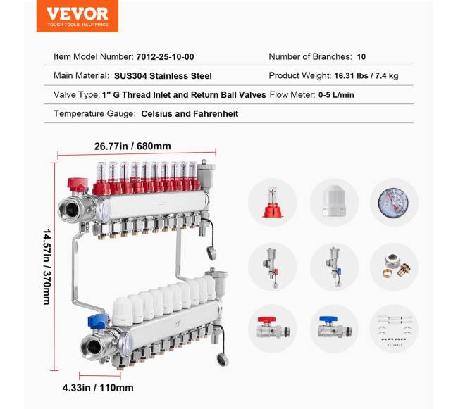 10-ių šakų šildymo kolektoriaus komplektas6