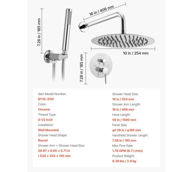 Dušo komplektas su apvaliu lietaus dušu ir rankiniu6