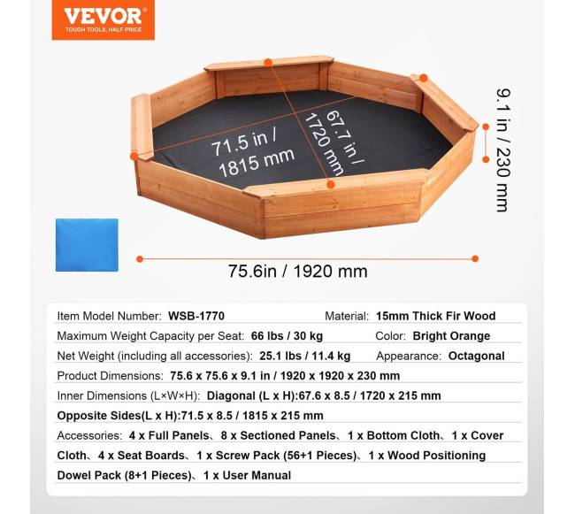 Medinė aštuonkampė smėlio dėžė su dangčiu6