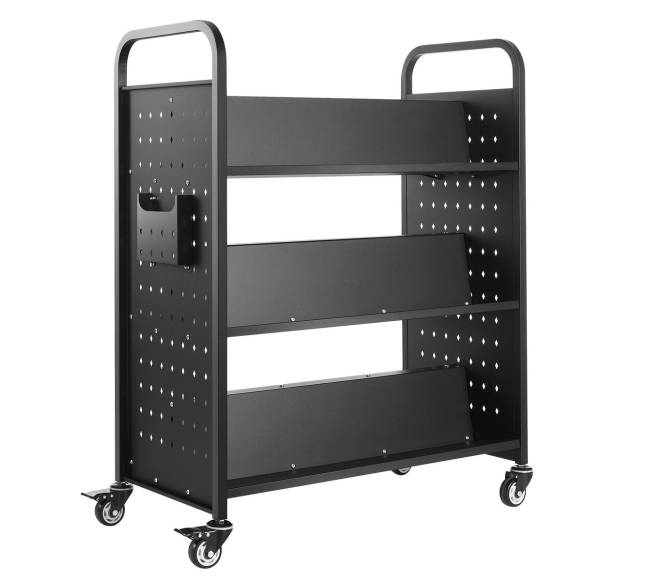 trijų aukštų riedantis knygų vežimėlis su W formos lentynomis0