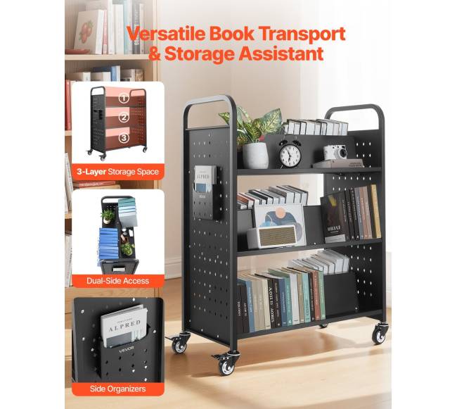 trijų aukštų riedantis knygų vežimėlis su W formos lentynomis1