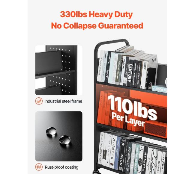 trijų aukštų riedantis knygų vežimėlis su W formos lentynomis2