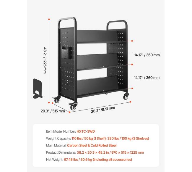 trijų aukštų riedantis knygų vežimėlis su W formos lentynomis6