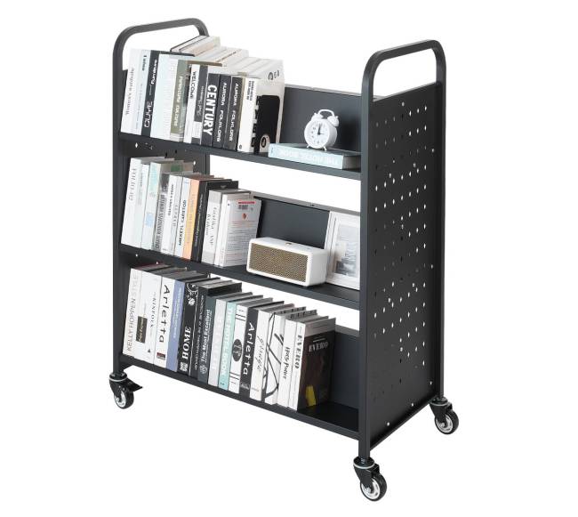 trijų aukštų riedantis knygų vežimėlis su W formos lentynomis9