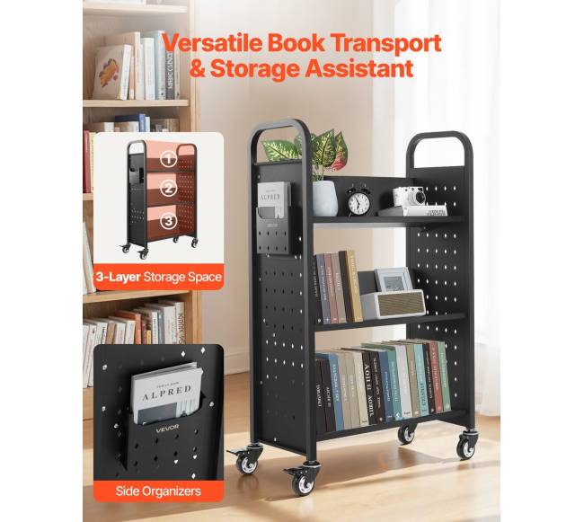 3 lygių knygų vežimėlis vienpusėmis lentynomis1