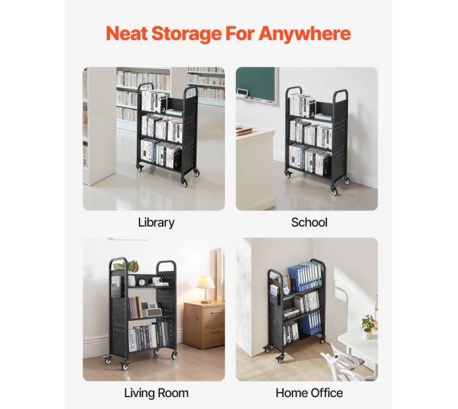 3 lygių knygų vežimėlis vienpusėmis lentynomis5