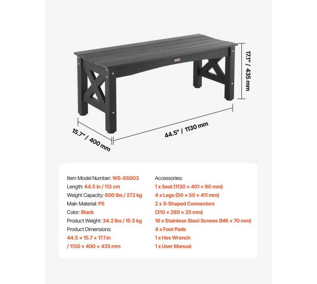 Lauko suoliukas 113 cm, plastikinis, 272 kg, juodas6