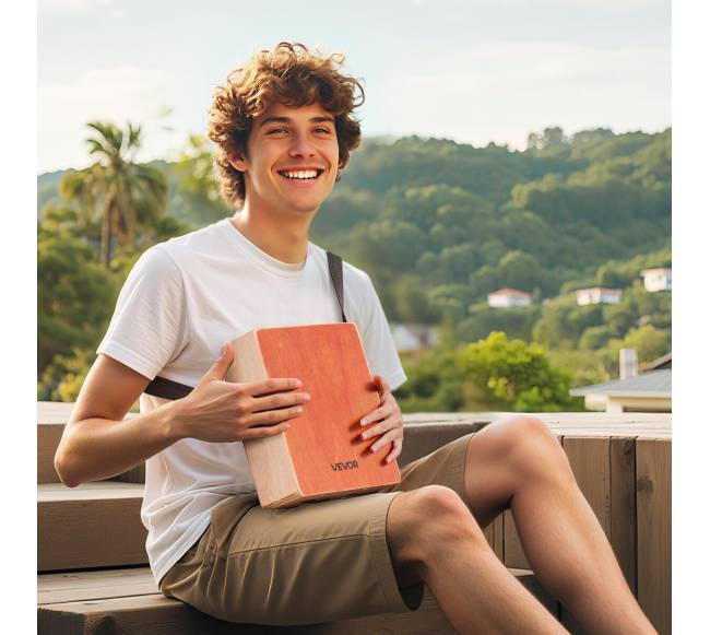 Medinė cajon būgnas su gitaros stygomis7