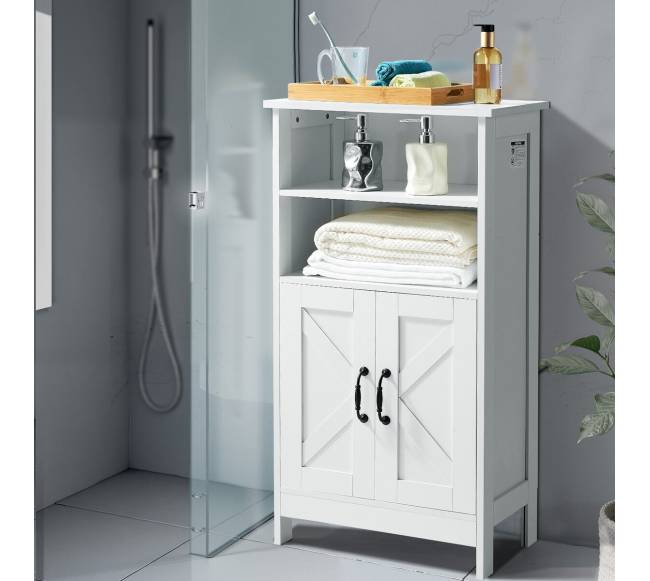 Baltos dviejų durų vonios grindų spintelė7
