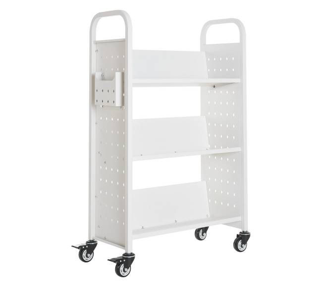 Trijų aukštų knygų vežimėlis su V formos lentynomis0