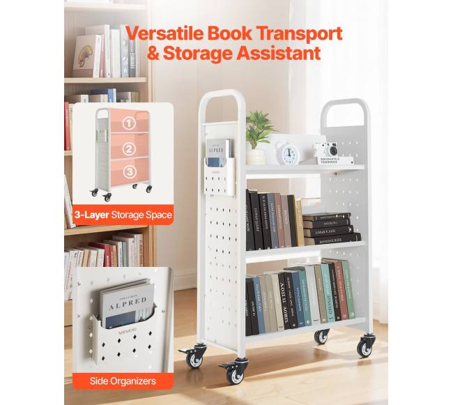 Trijų aukštų knygų vežimėlis su V formos lentynomis1