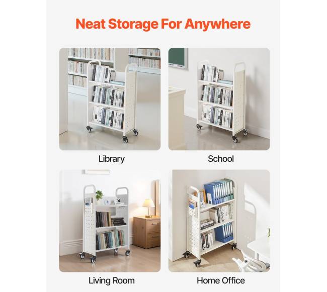 Trijų aukštų knygų vežimėlis su V formos lentynomis5