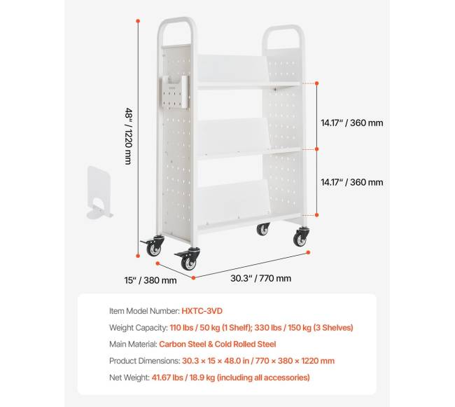 Trijų aukštų knygų vežimėlis su V formos lentynomis6